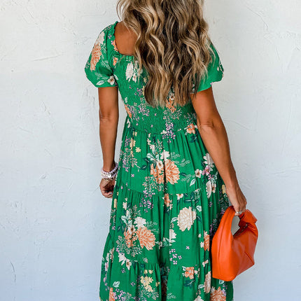 Luxury Floral Print Bubble Sleeve Smocked Tiered Midi Dress