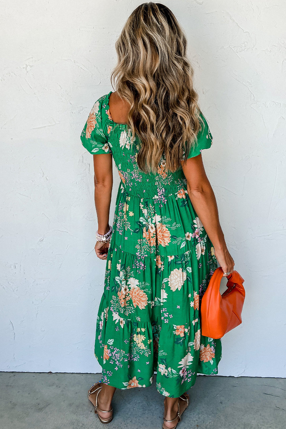 Luxury Floral Print Bubble Sleeve Smocked Tiered Midi Dress