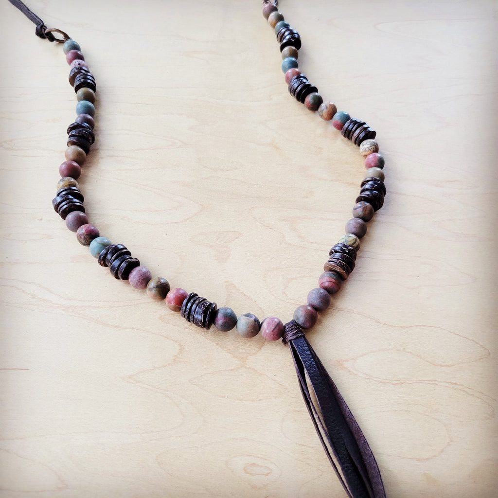 Picasso Jasper Necklace with Wood Beads and Leather Tassel 261i