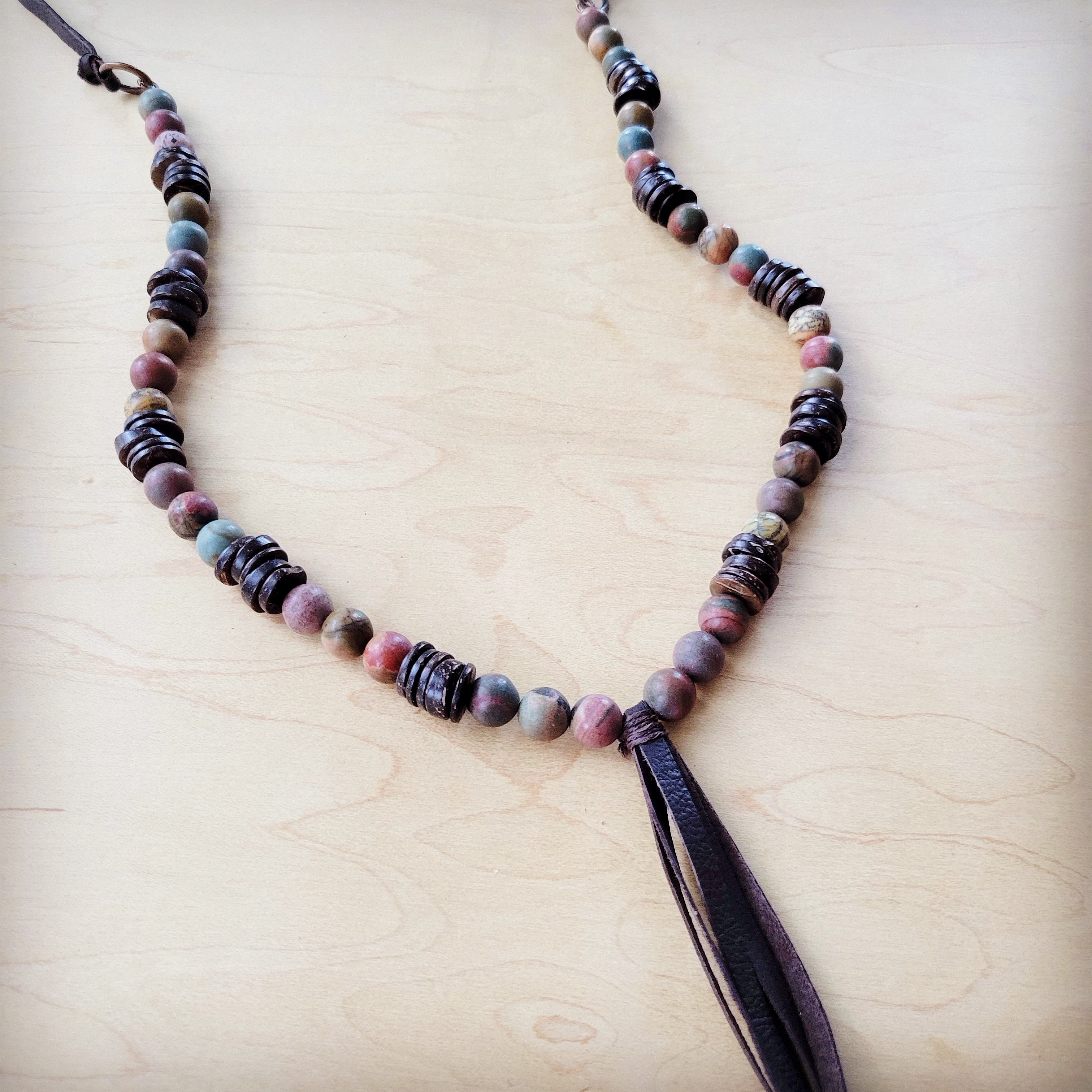 Picasso Jasper Necklace with Wood Beads and Leather Tassel 261i