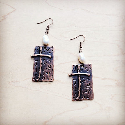 Copper Cross Earrings w/ Freshwater Pearls 225g