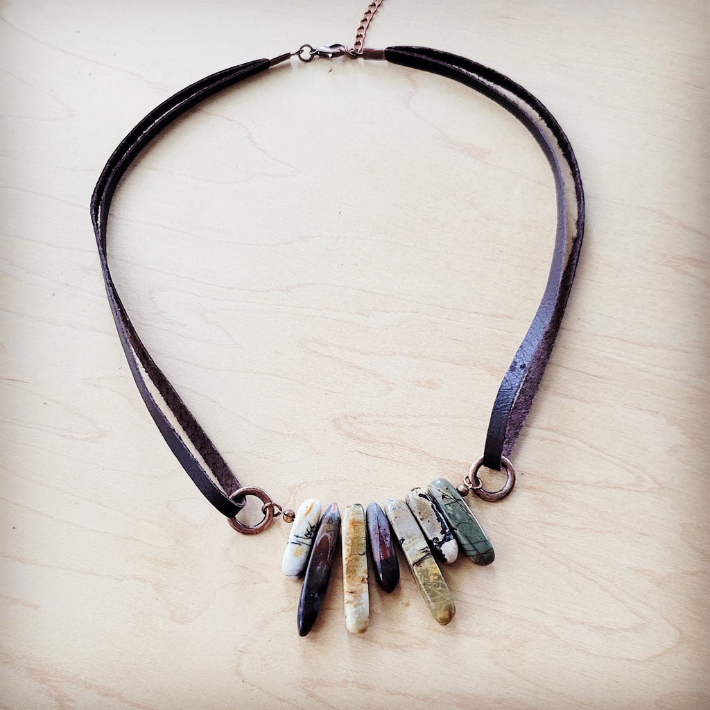 Picasso Jasper Stone Collar Necklace w/ Genuine Leather Cord 261f