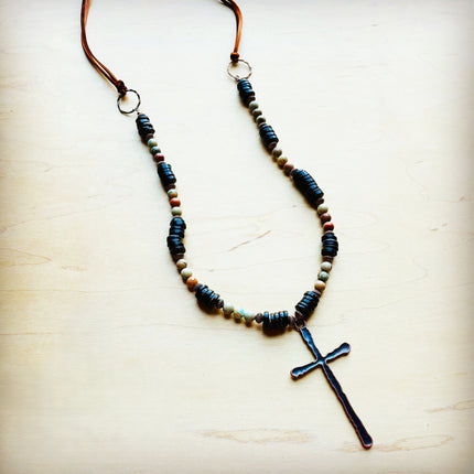 Aqua Terra Wood Necklace with Copper Cross 237d