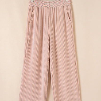 Luxury Solid Corded Short Sleeve T Shirt And Wide Leg Pants Set