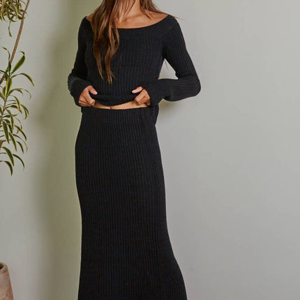 Knit Ribbed Sweater Midi Skirt-Cream