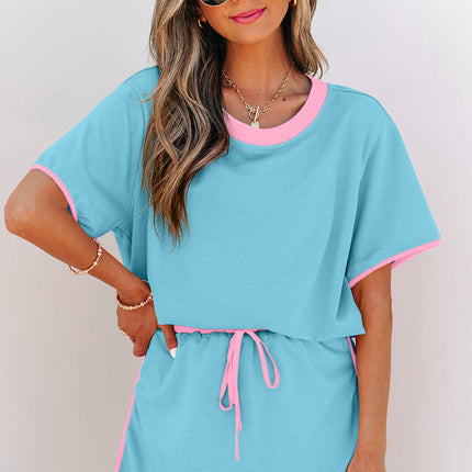 Luxury Colorblock Edge Drop Shoulder T Shirt and Skort 2Pcs Set