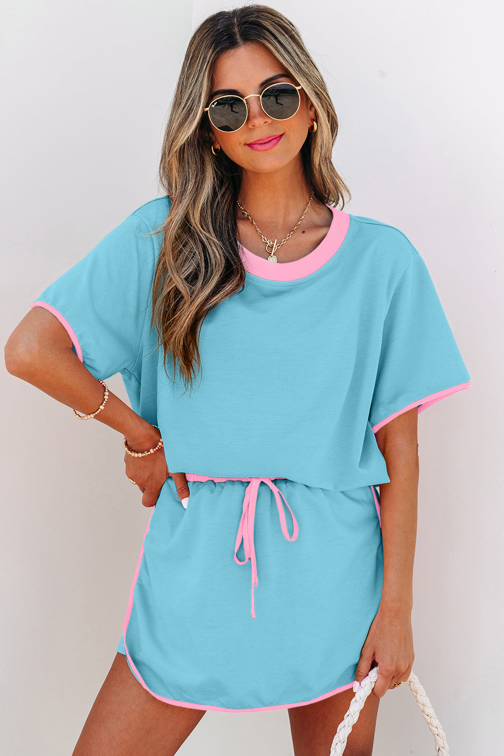 Luxury Colorblock Edge Drop Shoulder T Shirt and Skort 2Pcs Set