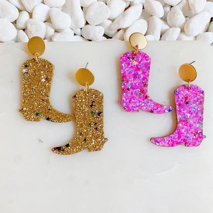 Glittered Up Cowgirl Earrings: Pink