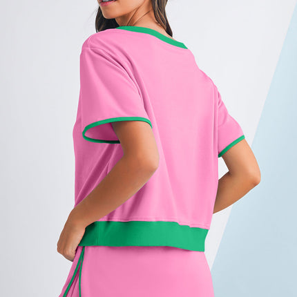 Luxury Colorblock Edge Drop Shoulder T Shirt and Skort Set