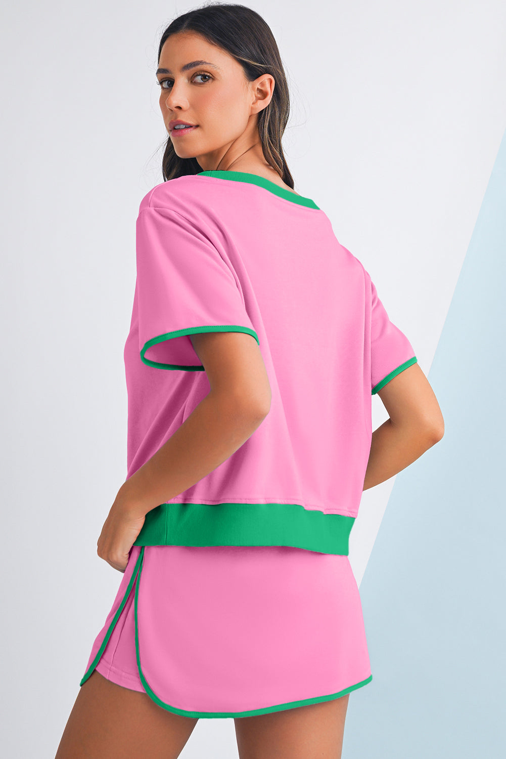 Luxury Colorblock Edge Drop Shoulder T Shirt and Skort Set