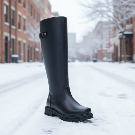 Women’s Retro British-Style Riding Boots – Leather Belt Buckle Knee Boots