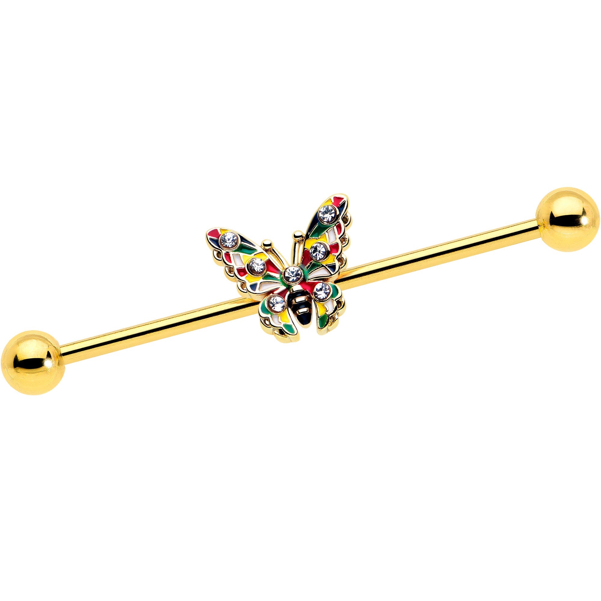 14G Clear Gem Gold Tone Color Block Butterfly Industrial Barbell 38mm