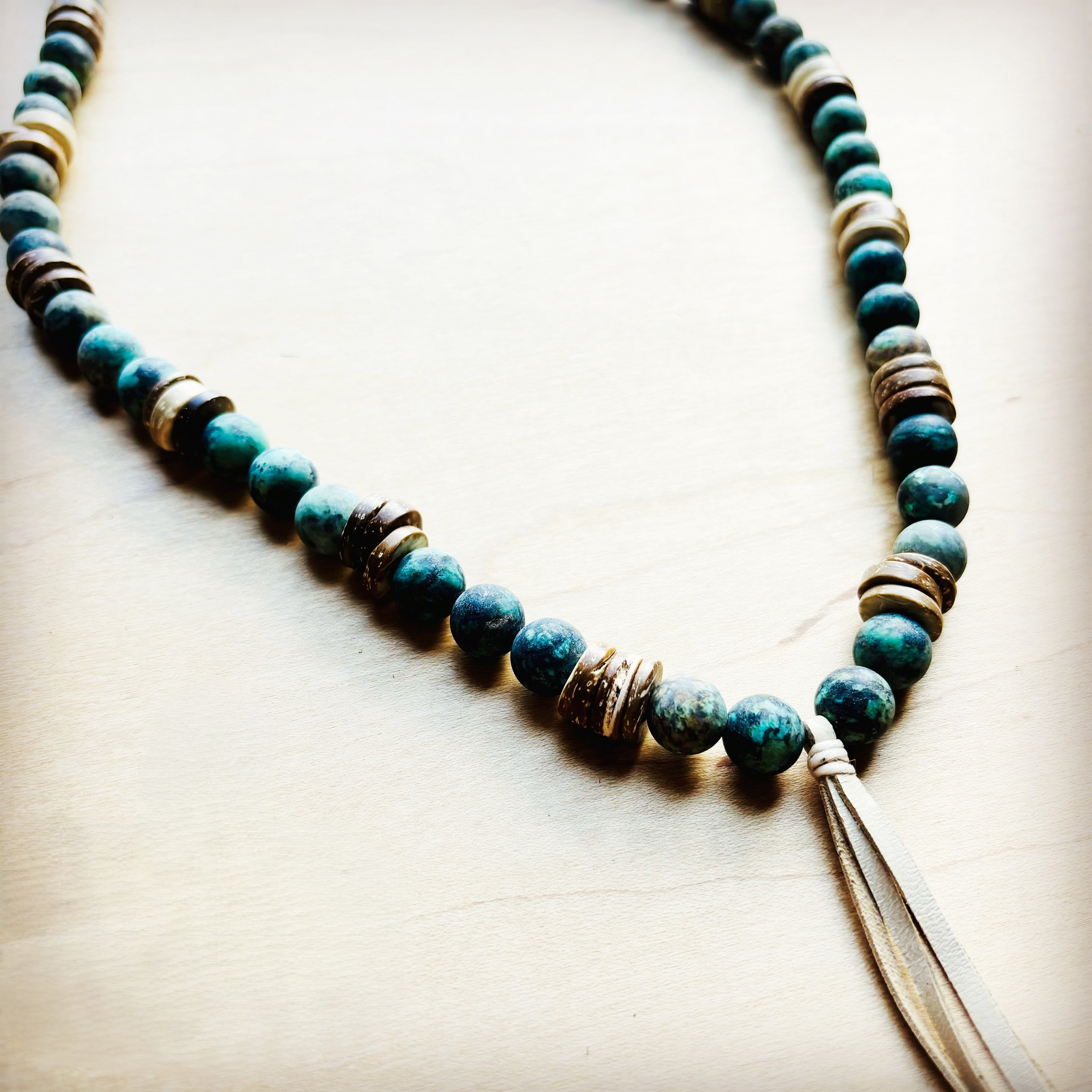 Frosted African Turquoise Necklace Wood Beads Leather Tassel 257z