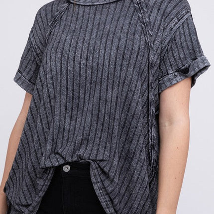 Ribbed Raglan Dolman Sleeve Boat-Neck Top