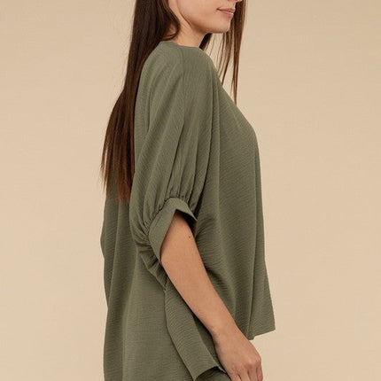 Woven Airflow V-Neck Puff Half Sleeve Top