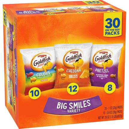 Classic Delight Goldfish Crackers Big Smiles Variety Pack - Cheddar, Colors & Pretzels | 30 Count