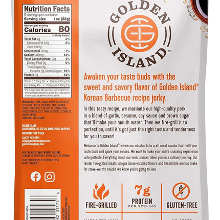 Golden Island Pork Jerky Korean BBQ Flavored, Specialty Meat Snack, Gluten Free with Korean Barbecue Seasoning, Bite Sized Sweet and Savory Protein Snack, 7g of Protein Per Serving, 9 Oz (2 Pack)