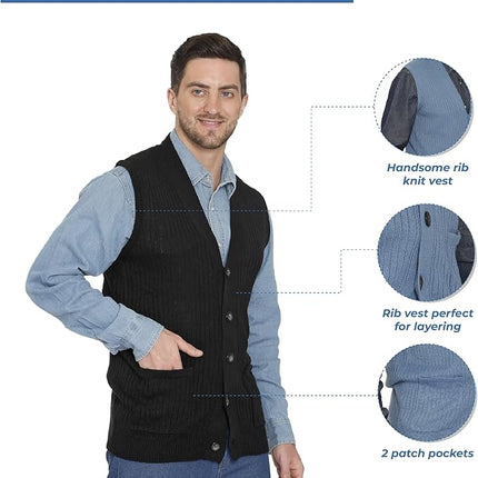 Men's Relaxed Fit Rib Knit Sweater Vest - Button Front with Pockets