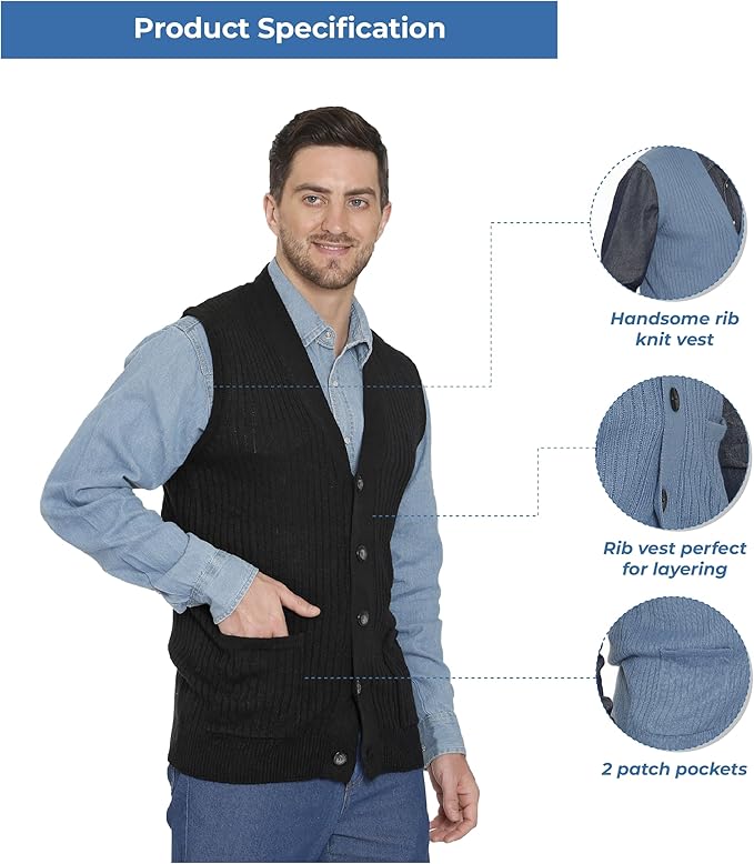 Men's Relaxed Fit Rib Knit Sweater Vest - Button Front with Pockets