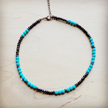 Blue Turquoise, Wood and Copper Beads Collar Necklace 230g