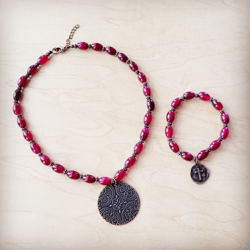 Natural Pink Jade Beaded Collar Necklace w/ Scroll Pendant 261L