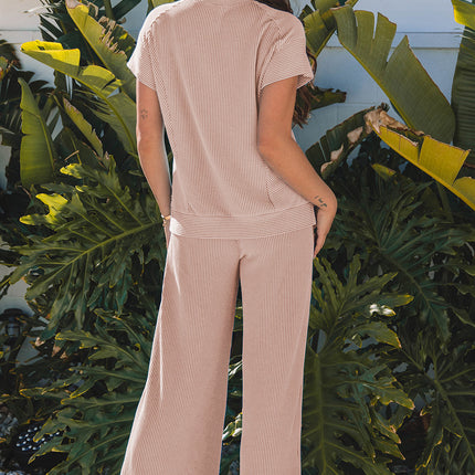 Luxury Solid Corded Knit Short Sleeve T Shirt and Wide Leg Pants Set