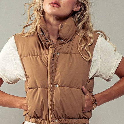 Camel Puffer Vest with Adjustable Hem