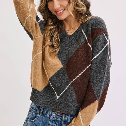 Charcoal Wine Camel  V-Neck Argyle Sweater