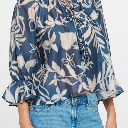 Blue & Tan Round Neck Top with Front Tie Detail
