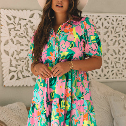 Floral Puff Sleeve Collar Buttoned Babydoll Dress