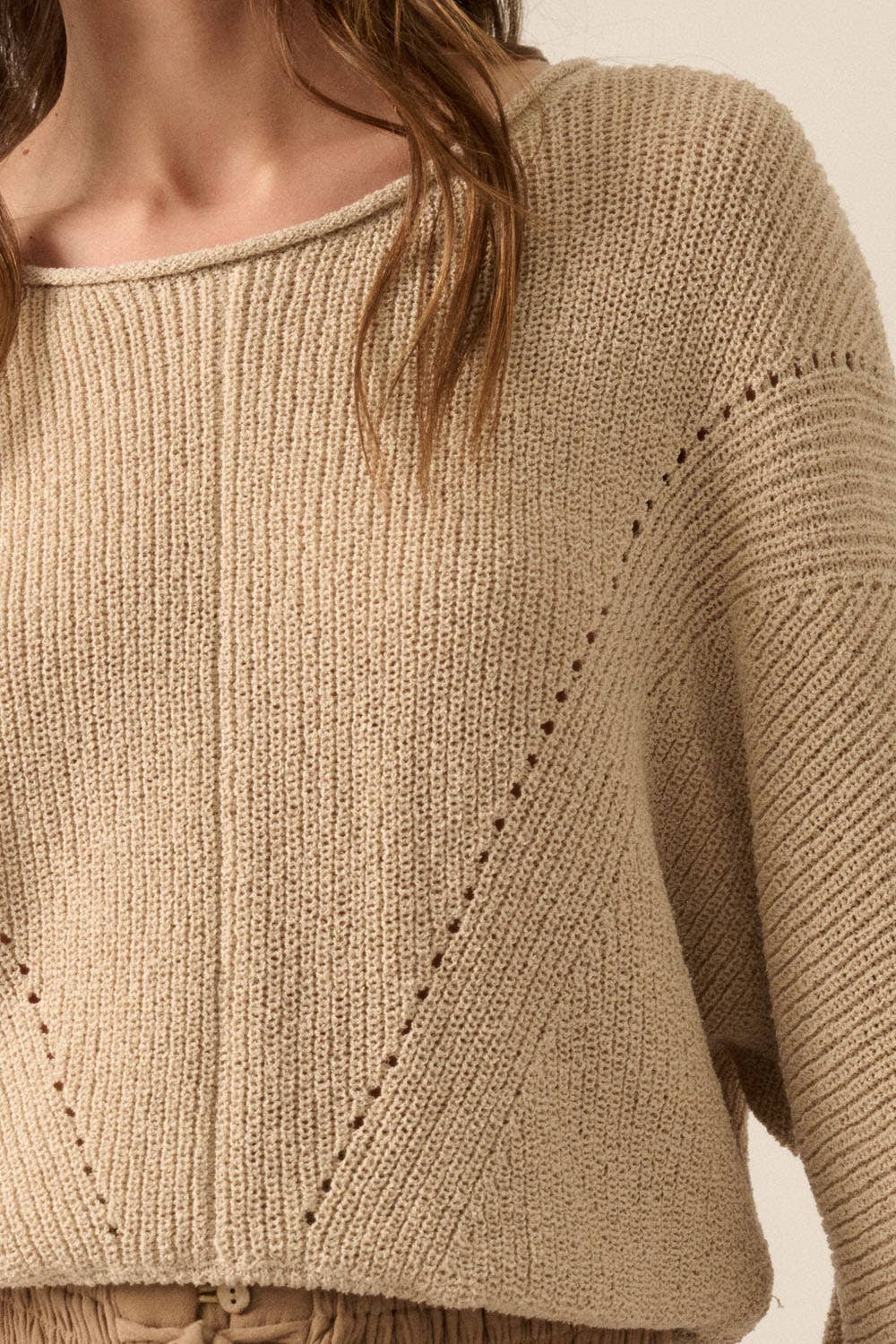 Solid Rib-Knit Dolman-Sleeve Sweater: Oatmeal