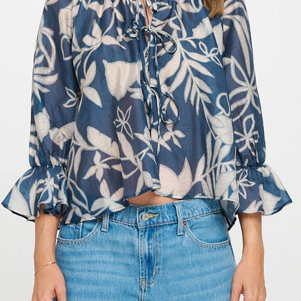 Blue & Tan Round Neck Top with Front Tie Detail