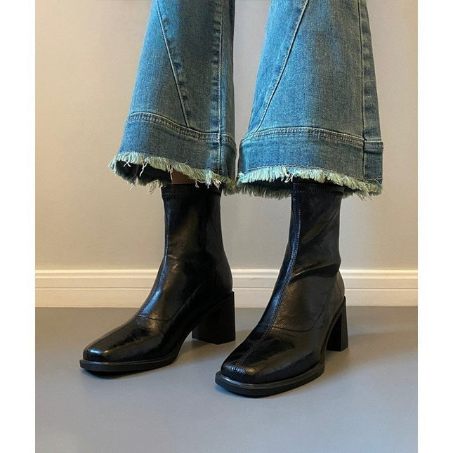 Stretch Retro Chunky Heels Commuter Boots — High Heel Style