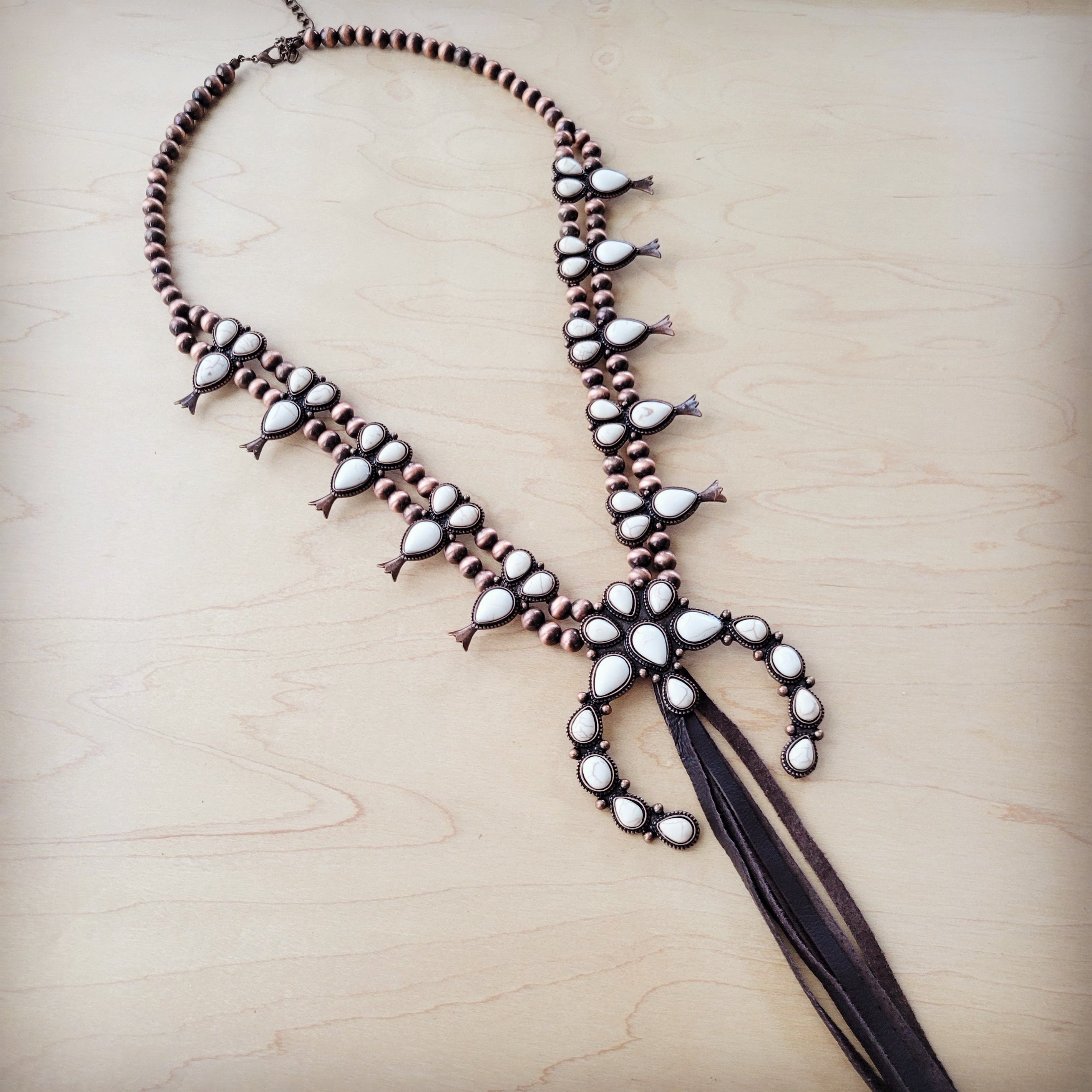 **White Turquoise Squash Blossom Necklace w/ Dark Brown Tassel 261z