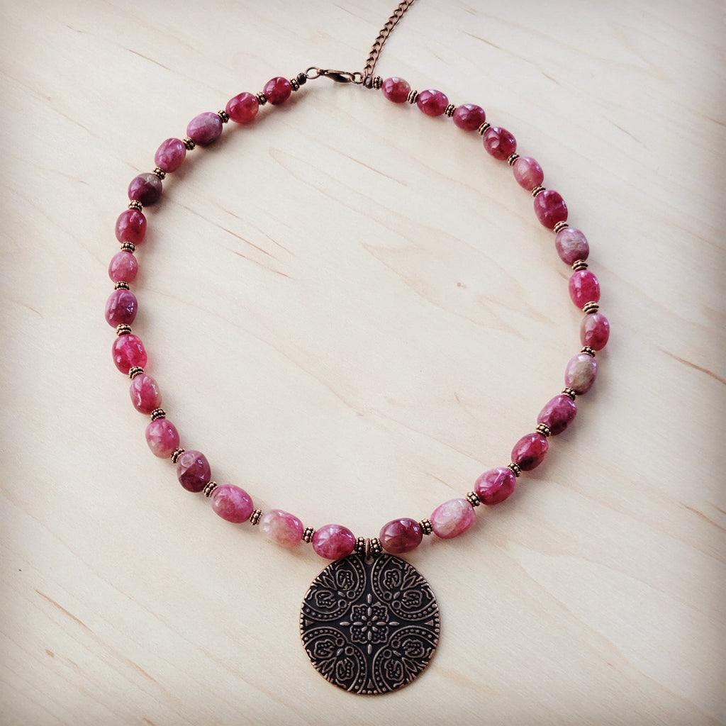 Natural Pink Jade Beaded Collar Necklace w/ Scroll Pendant 261L