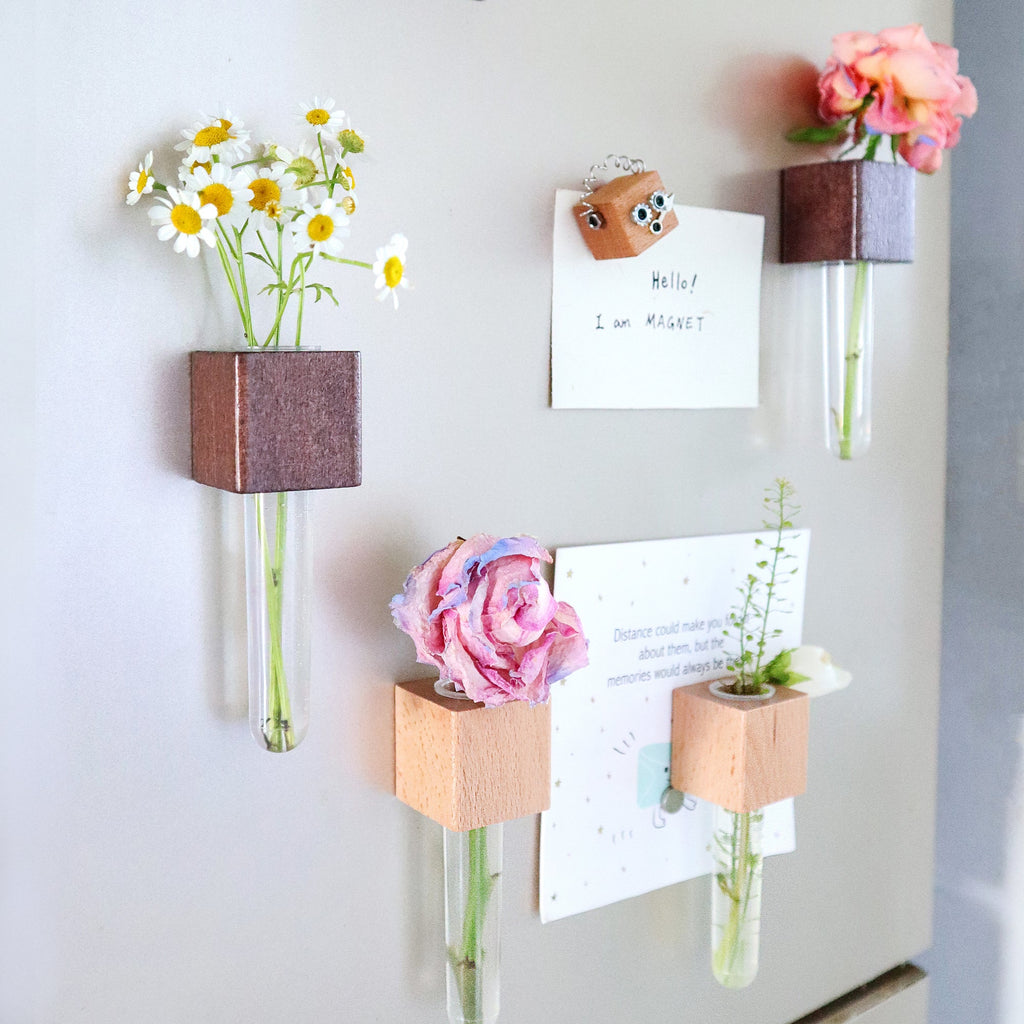 Mini Vase Magnets – Set of 2 – Beech & Walnut Wood – Decorative Fridge Magnets for Small Flowers or Greenery