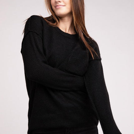 Melange Hi-Low Hem Round Neck Sweater
