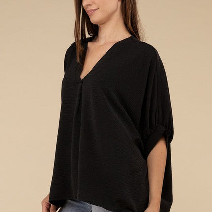 Woven Airflow V-Neck Puff Half Sleeve Top