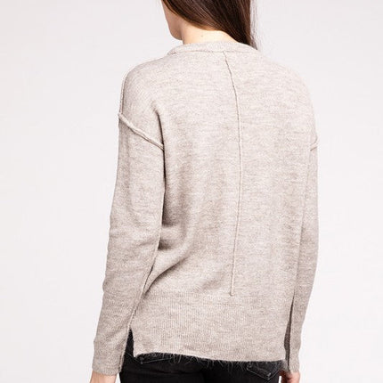 Melange Hi-Low Hem Round Neck Sweater