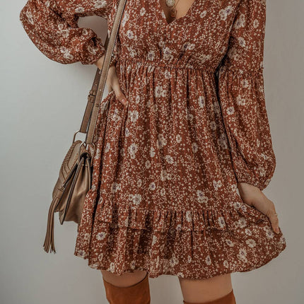 Brown Floral Keyhole Dress