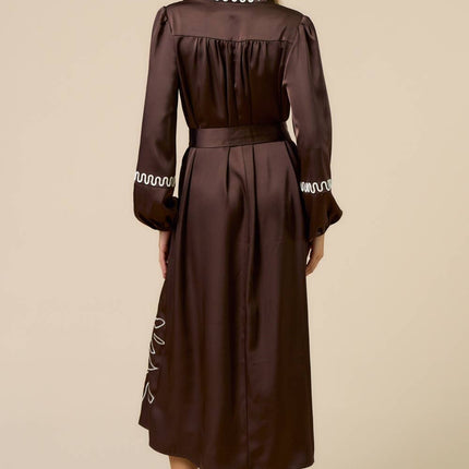 Brown Long Sleeve Embroidered Dress