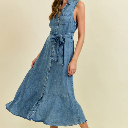 Denim Look Midi Dress with Tie Belt
