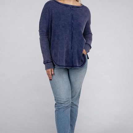 Plus Washed Baby Waffle Oversized Long Sleeve Top