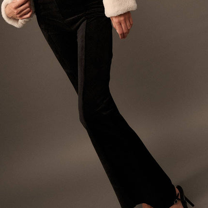 Solid High Waist Fitted Flared Corduroy Pants: BLACK