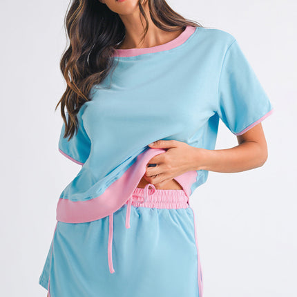 Luxury Colorblock Edge Drop Shoulder T Shirt and Skort Set