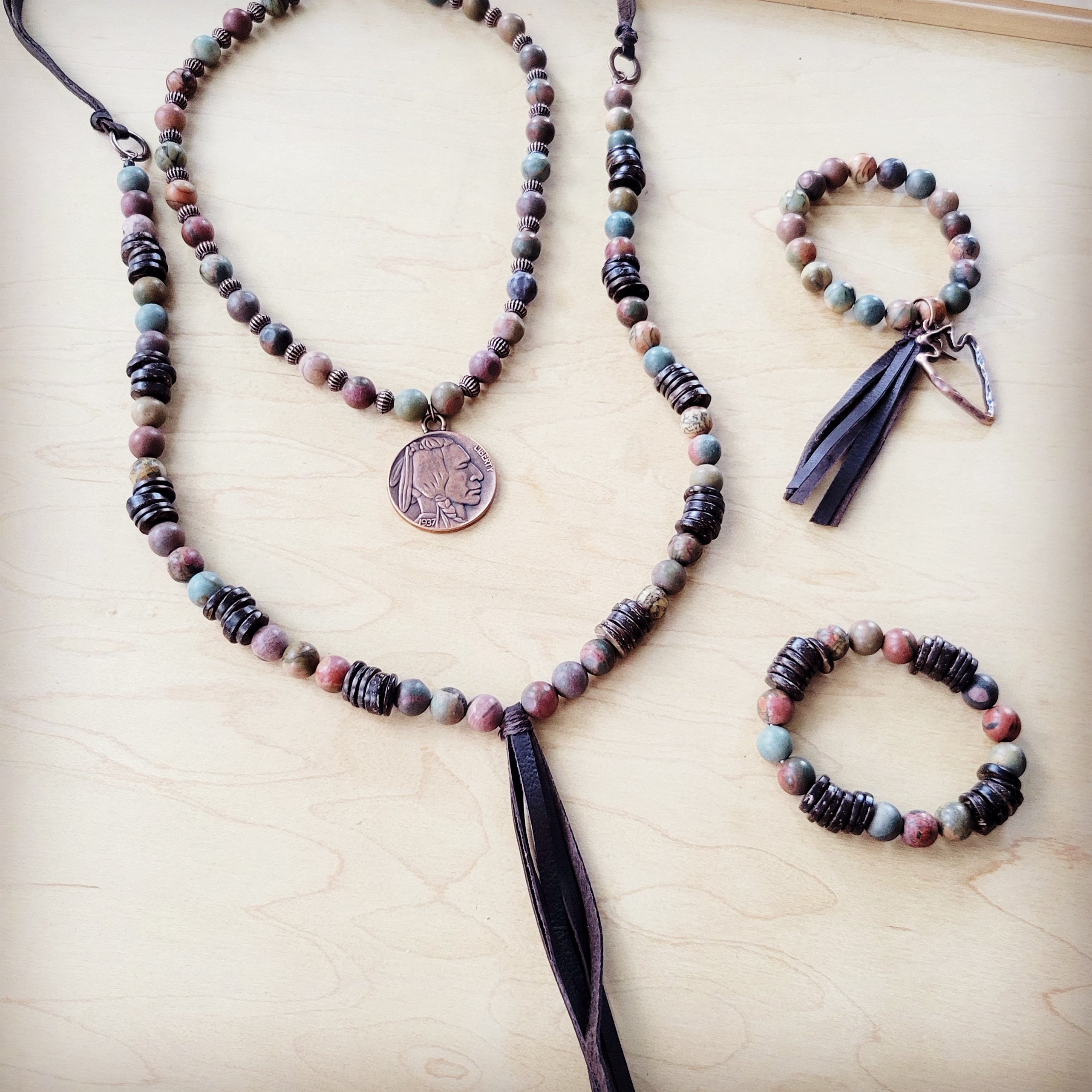 Picasso Jasper Necklace with Wood Beads and Leather Tassel 261i