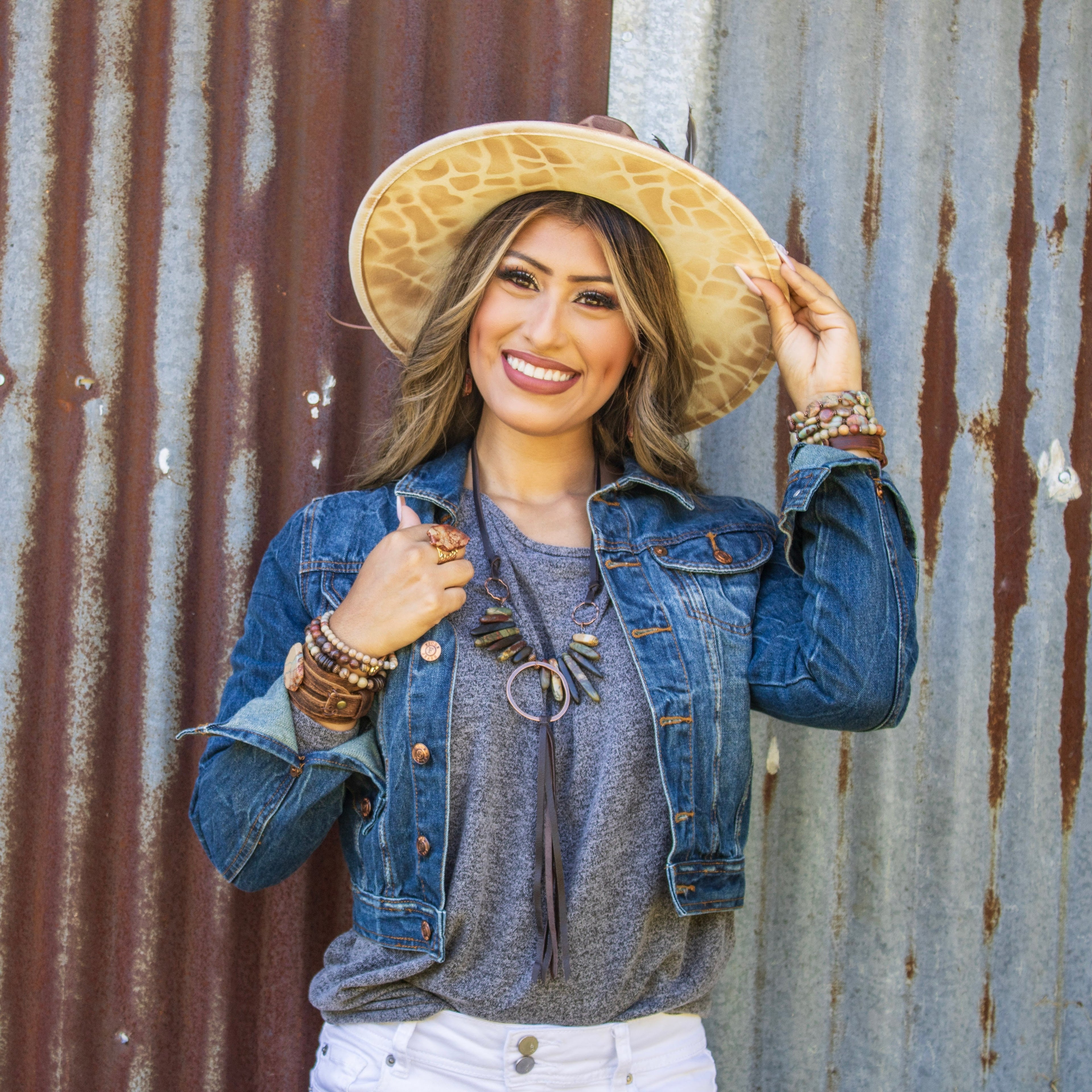 Picasso Jasper Necklace w/ Copper Hoop & Leather Tassel 261e