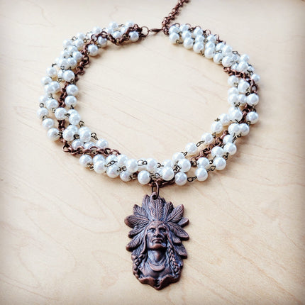 Pearl and Copper Beaded Collar Necklace w/ Indian Pendant 260q