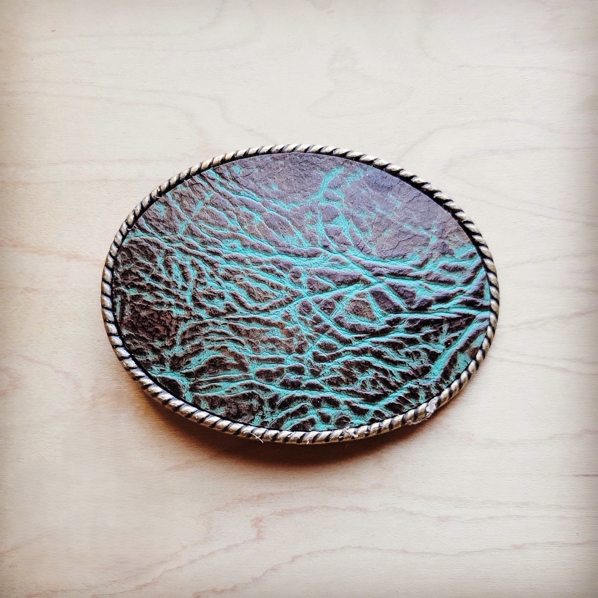 **Rope Edge Leather Belt Buckle Distressed Turquoise 903p