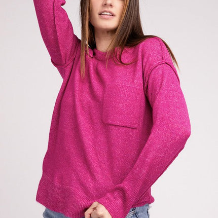 Melange Hi-Low Hem Round Neck Sweater